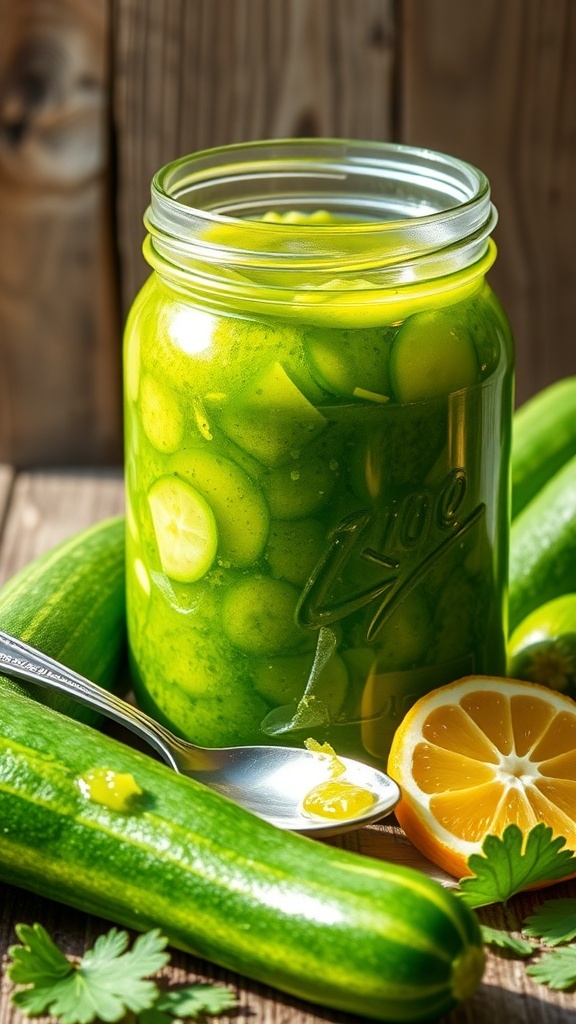 Zucchini Jam with Jello Recipe A jar of green zucchini jam with a spoon, fresh zucchinis and lemon slices on a wooden table.